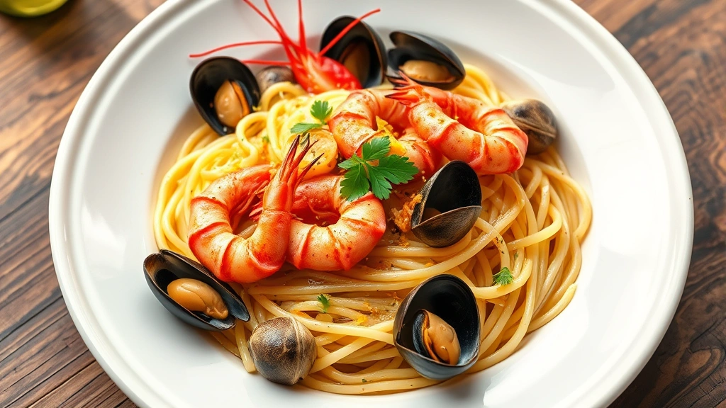 Rustic Italian seafood pasta dish featuring fresh langoustines, clams, and mussels in white wine sauce over delicate fresh pasta, garnished with parsley and lemon zest, on white ceramic plate with warm lighting
