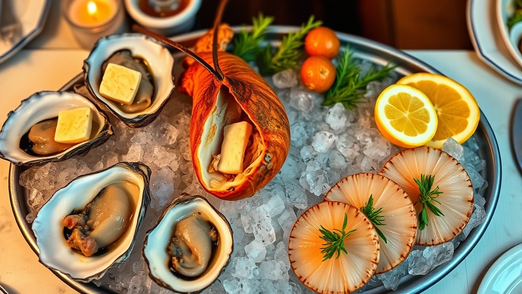 Festive holiday seafood platter arrangement displaying raw oysters on ice, lobster tail with butter, cured scallop carpaccio with citrus, and garnishes of fresh herbs, photographed from above with warm restaurant lighting