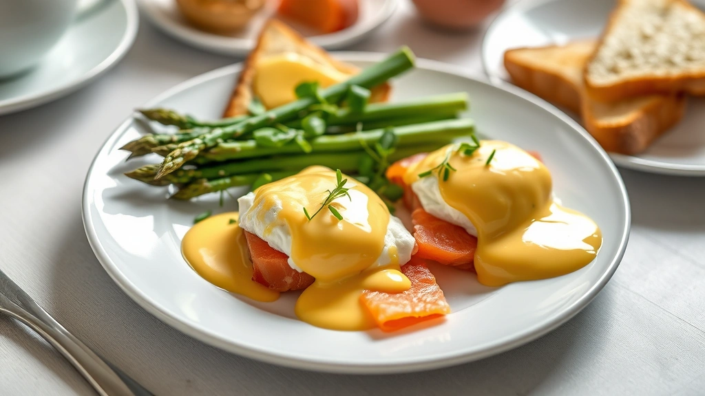 Beautifully plated Easter brunch spread featuring poached eggs with hollandaise sauce, smoked salmon, fresh asparagus, and buttered toast on white porcelain plate, garnished with microgreens and chives, soft natural morning light