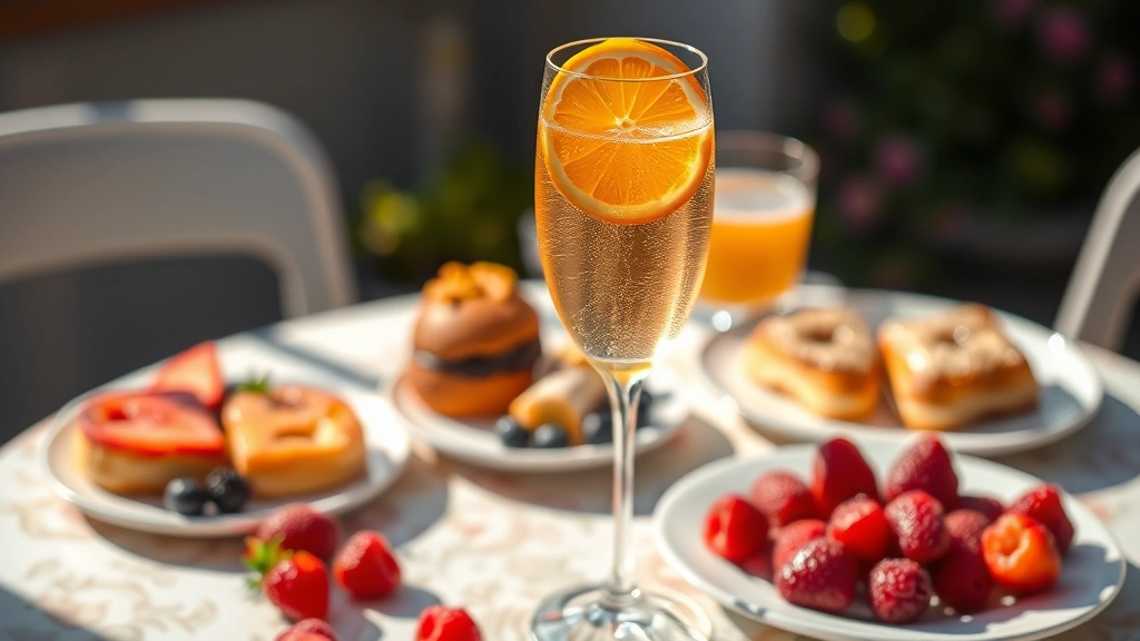 Elegant champagne flute filled with mimosa cocktail, fresh orange slice floating on top, surrounded by fresh berries and pastries on brunch table, warm spring sunlight creating shadows