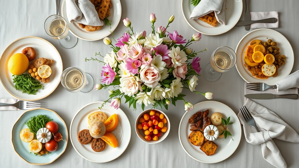 Overhead view of Easter brunch table setting with pastel spring flowers in centerpiece, multiple plates with various brunch items, fresh fruit compote, linen napkins, and champagne glasses ready for celebration