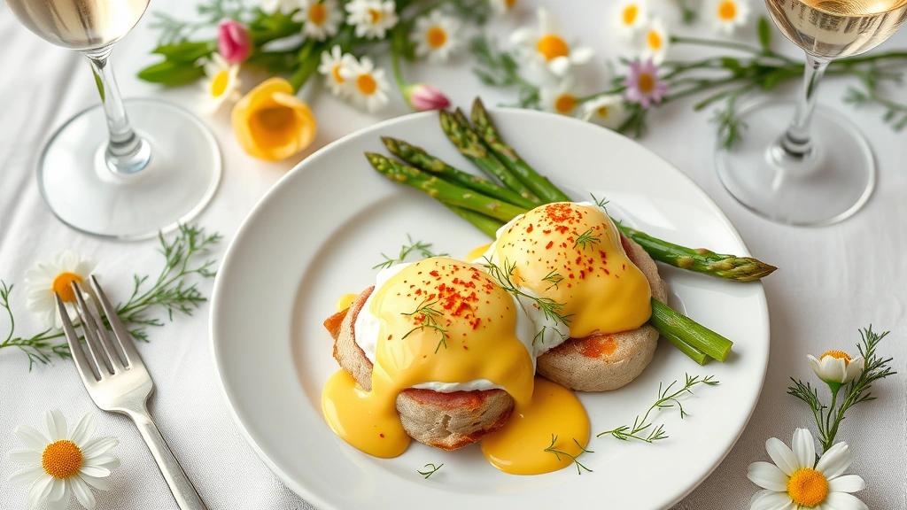 Overhead shot of elegant Easter brunch spread featuring soft-poached eggs Benedict with hollandaise sauce, fresh asparagus, and microgreens on white plate, garnished with paprika and fresh dill, with champagne flute and spring flowers in soft-focus background
