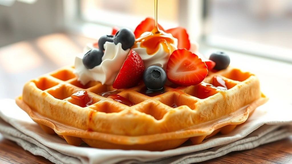 Close-up of golden Belgian waffles topped with fresh whipped cream, strawberries, blueberries, and pure maple syrup drizzle, steam rising from warm waffle, photographed against natural window light with pastry crumbs scattered on linen napkin