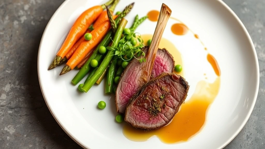 Artistic plating of spring lamb loin with herb crust, roasted spring vegetables including baby carrots, peas, and asparagus, finished with brown butter sauce and microgreens, on modern white porcelain plate with elegant garnish