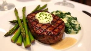 Perfectly seared ribeye steak with herb butter melting on top, grilled asparagus spears, and creamed spinach on the side, on a white plate with soft restaurant lighting
