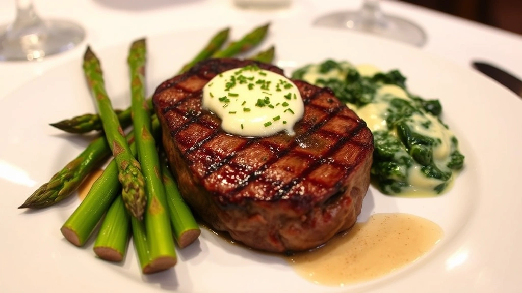 Perfectly seared ribeye steak with herb butter melting on top, grilled asparagus spears, and creamed spinach on the side, on a white plate with soft restaurant lighting