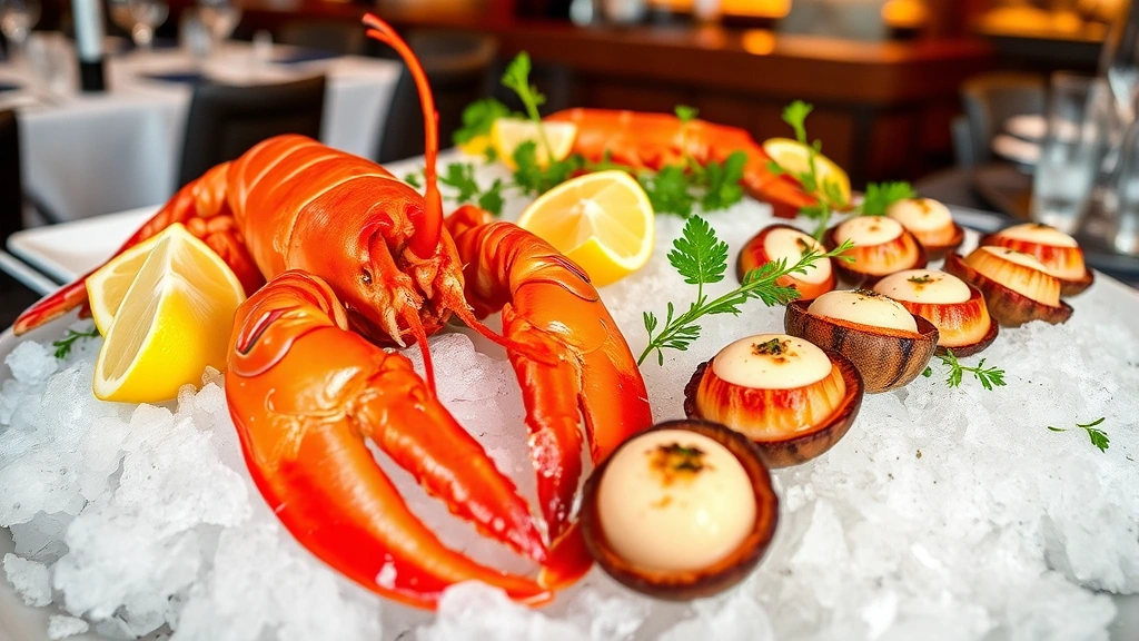 Fresh lobster and diver scallops on crushed ice display at an upscale seafood restaurant, with lemon wedges and fresh herbs, natural lighting