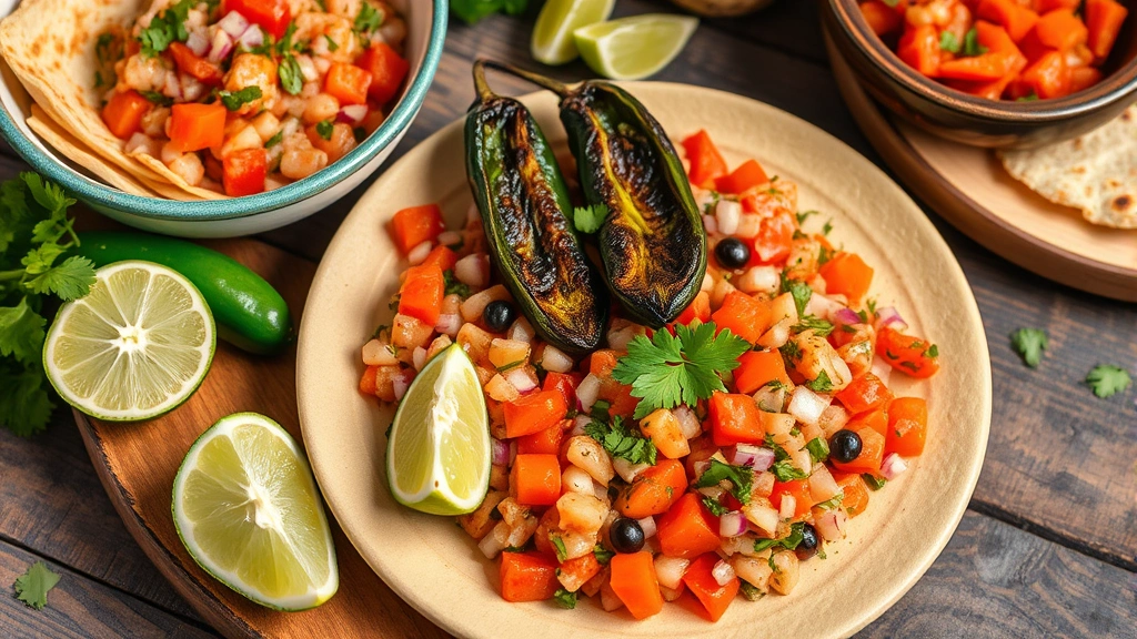Colorful Mexican fiesta spread featuring fresh ceviche, charred poblano peppers, house-made tortillas, vibrant lime wedges, and cilantro garnish on rustic wooden table