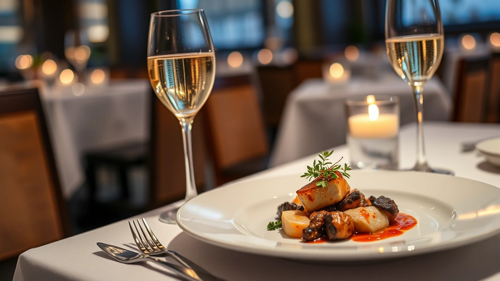 Elegant plated fine dining dish with garnish, champagne flute, white tablecloth setting, candlelight ambiance, luxury restaurant atmosphere, close-up food photography