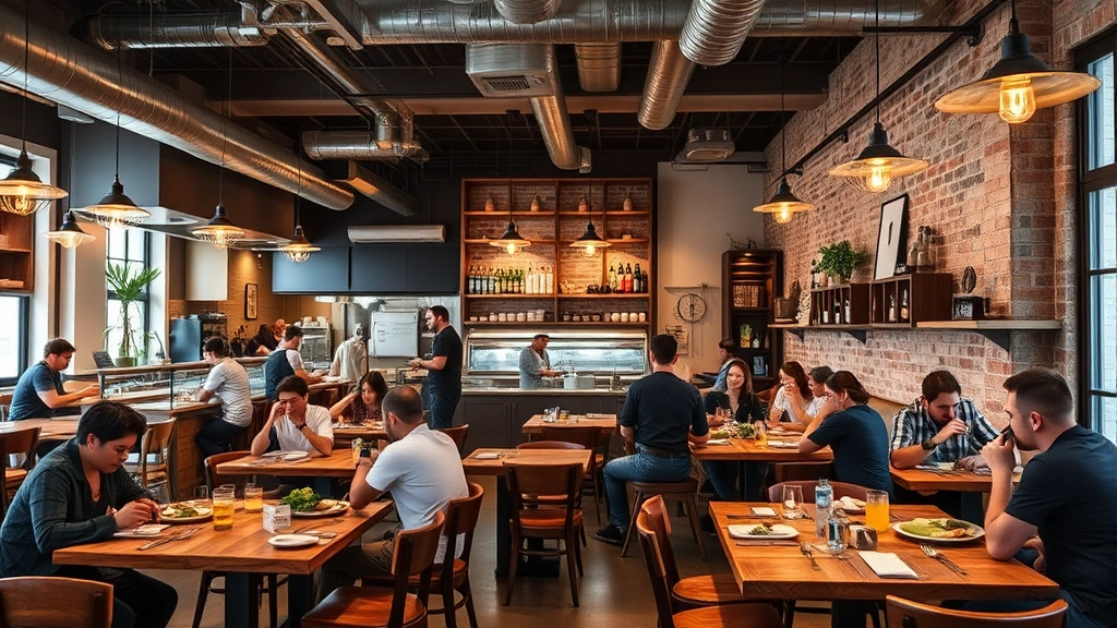 Contemporary casual restaurant interior with open kitchen, rustic wooden tables, warm lighting, diners enjoying meals, modern culinary environment, approachable sophistication