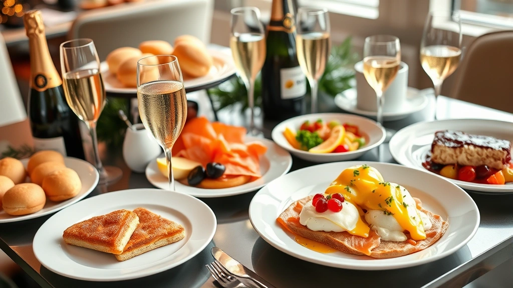 Festive New Year's Day brunch spread with champagne, fresh pastries, smoked salmon, colorful fruit compote, eggs benedict, elegant white plates, celebratory dining scene