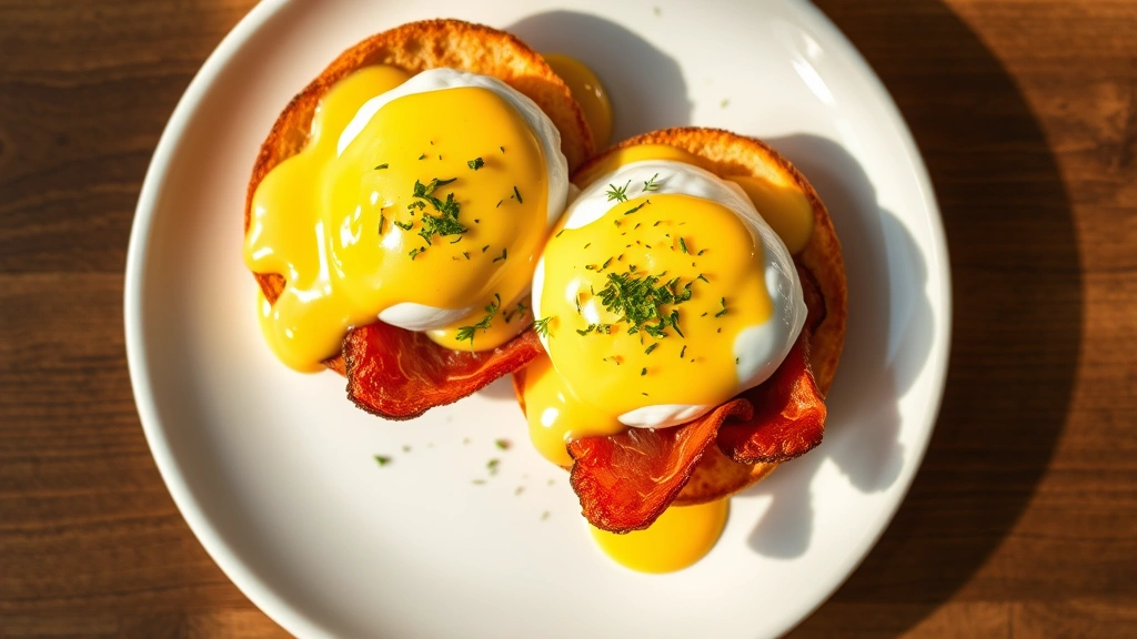Overhead shot of elegantly plated eggs Benedict with perfectly poached eggs, silky hollandaise sauce, toasted English muffin, crispy Canadian bacon, fresh herbs, white plate, warm natural lighting
