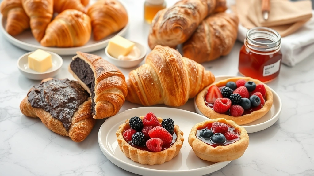 Vibrant spread of fresh pastries including croissants, pain au chocolat, fruit tarts with berries, artisanal breads, butter curls, honey, jam jars, marble surface, soft morning light