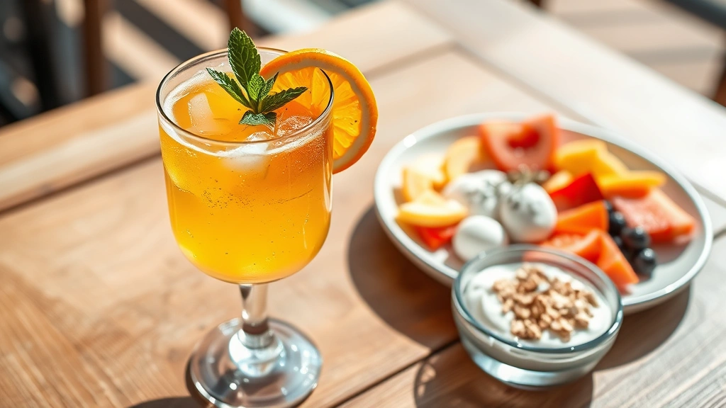 Craft brunch cocktail with fresh citrus juice, champagne bubbles, garnished with orange slice and mint, alongside fresh fruit plate with yogurt and granola, wooden table, bright afternoon sunlight