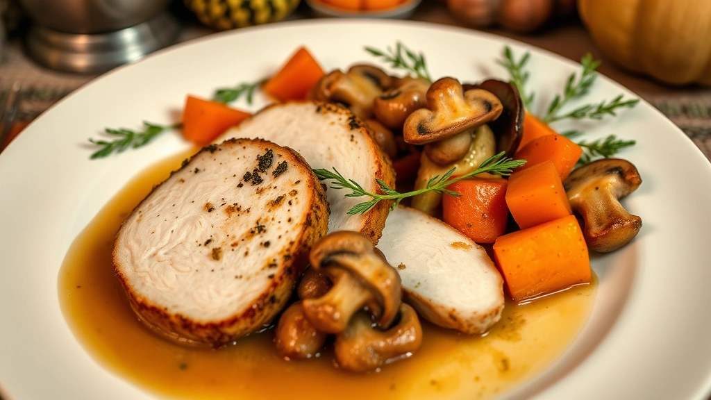 Beautifully plated Thanksgiving dinner featuring herb-brined turkey breast medallions with crispy skin, rich pan gravy with mushrooms, roasted root vegetables in vibrant colors, and seasonal garnishes, served on elegant white porcelain with warm overhead lighting