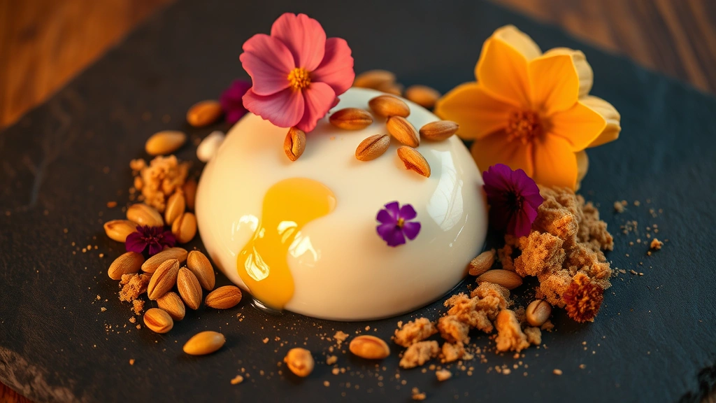 Fine dining Thanksgiving dessert course displaying deconstructed pumpkin pie with silken panna cotta, caramelized pumpkin seeds, graham cracker crumble, and edible flowers, artfully arranged on slate with warm amber lighting highlighting textures