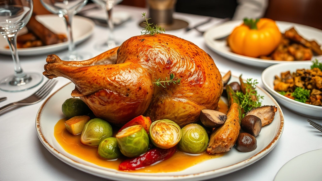 Upscale restaurant Thanksgiving table setting with perfectly cooked turkey confit, Brussels sprouts with hazelnut beurre noisette, cranberry gastrique, wild mushroom stuffing, and roasted vegetables, garnished with fresh herbs and microgreens, professional food photography style
