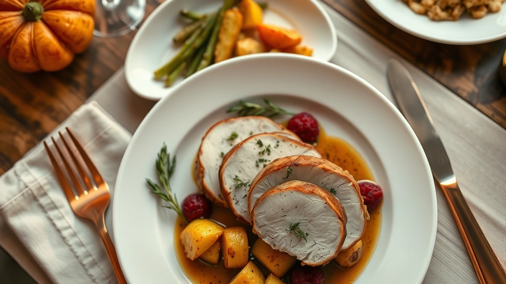 Overhead shot of elegantly plated Thanksgiving dinner with herb-brined turkey breast, golden roasted vegetables, cranberry gastrique, and sage-infused gravy on white ceramic plate with copper utensils and linen napkin, warm restaurant lighting, shallow depth of field