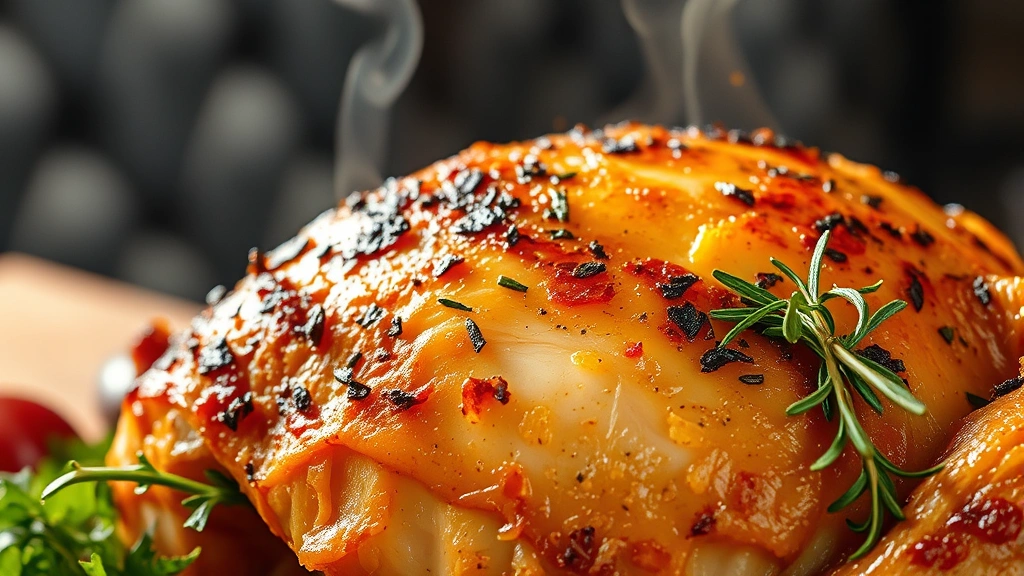 Close-up of golden-brown turkey skin with crispy rendered fat and fresh herbs, steam rising, professional kitchen setting, warm ambient lighting highlighting texture and moisture, photorealistic food photography