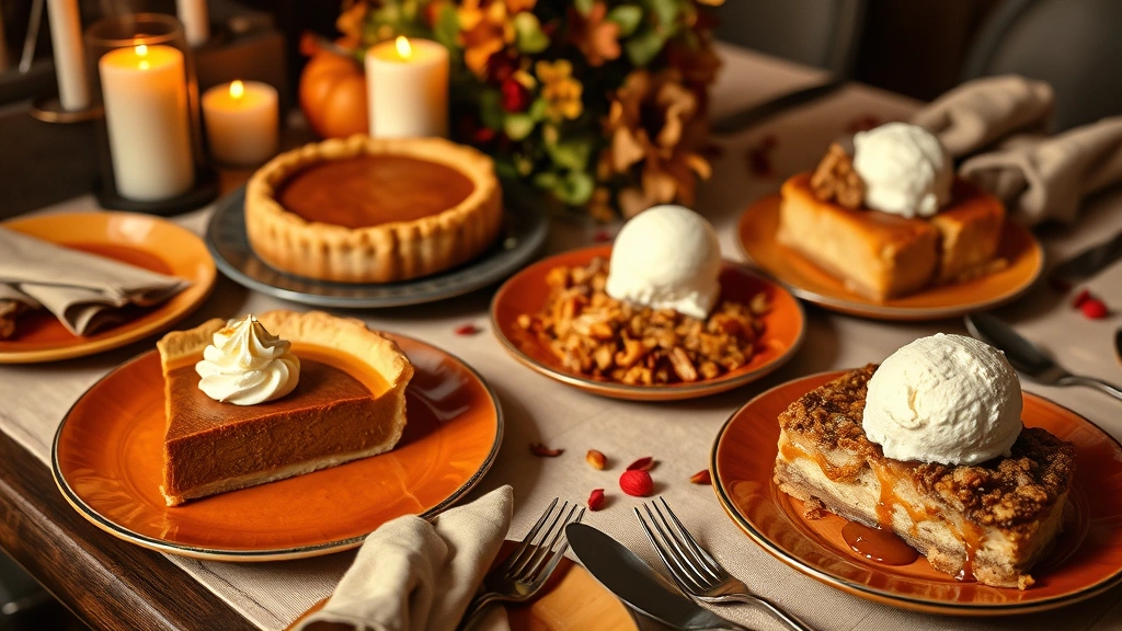 Artfully arranged Thanksgiving dessert spread featuring pumpkin pie with cinnamon cream, pecan pie with caramel drizzle, and apple crumble with vanilla ice cream, autumn-colored plates, warm candlelight, elegant table setting with cloth napkins and fine china