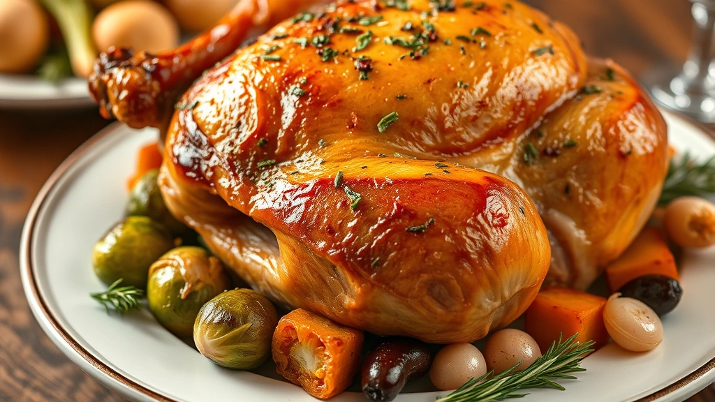 Close-up of golden-brown turkey skin with herbs, steam rising, accompanied by seasonal vegetables including Brussels sprouts with pancetta, roasted squash, and pearl onions on elegant restaurant-style plating