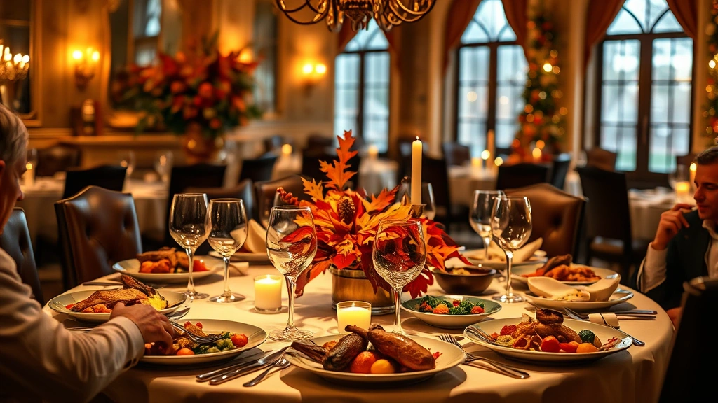 Festive restaurant dining scene showing candlelit table with autumn centerpiece, wine glasses, and multiple courses presented simultaneously, capturing warm atmosphere of upscale Thanksgiving celebration