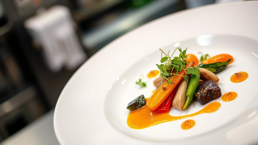 Artfully plated fine dining course featuring seasonal vegetables with microgreens, gold leaf accents, and artistic sauce work on white ceramic plate, professional restaurant kitchen lighting, shallow depth of field, photorealistic