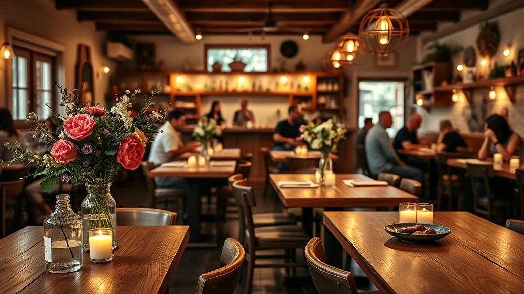 Rustic farm-to-table restaurant interior with wooden tables, fresh flowers in glass vases, warm candlelight, visible open kitchen, diners enjoying meals in background, cozy intimate ambiance, professional food photography style