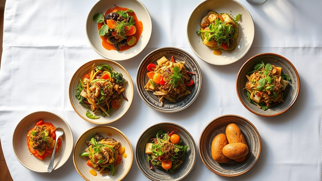 Overhead shot of vegetarian tasting menu progression showing five small plates with colorful vegetables, herbs, and artistic presentations, white tablecloth setting, natural window light, photorealistic culinary composition