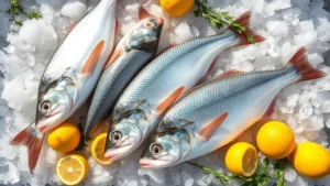 Overhead shot of fresh whole Mediterranean sea bass and bream on crushed ice at a beachside Italian fish market in Positano, morning light, glistening scales catching sunlight, arranged artfully with fresh lemons and herbs scattered around