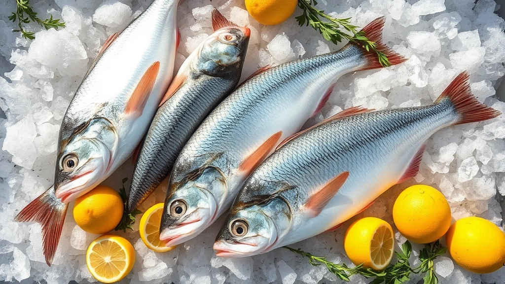 Overhead shot of fresh whole Mediterranean sea bass and bream on crushed ice at a beachside Italian fish market in Positano, morning light, glistening scales catching sunlight, arranged artfully with fresh lemons and herbs scattered around