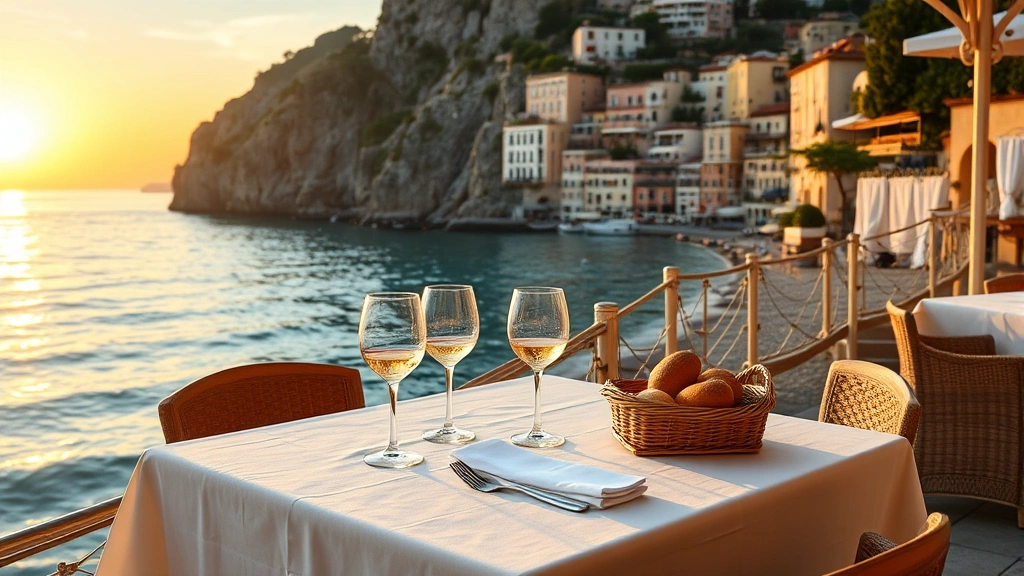 Sunset photograph of a Mediterranean beach restaurant table set for dinner with white tablecloth, wine glasses, bread basket, view of turquoise Amalfi Coast waters and colorful Positano buildings cascading down cliff, golden hour lighting, no people visible