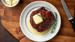 Overhead shot of a perfectly seared ribeye steak with caramelized crust, resting on white plate with fresh thyme garnish and compound butter melting across top, wooden cutting board background, warm professional lighting, no text visible