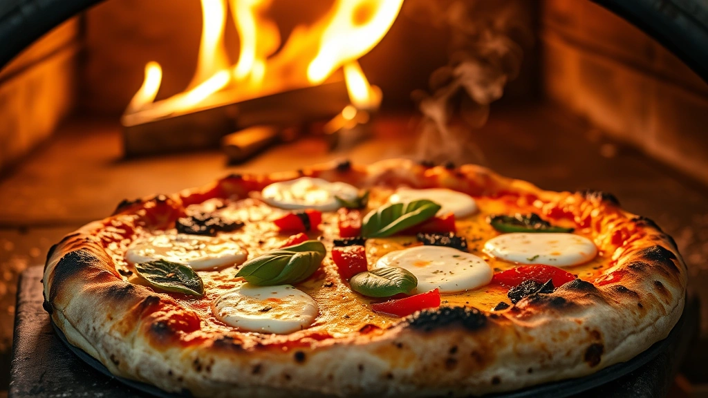 Close-up of vibrant wood-fired pizza emerging from oven with charred crust, melted fresh mozzarella, basil leaves, and roasted vegetables, steam rising, rustic Italian kitchen setting, professional food photography, no signage or labels