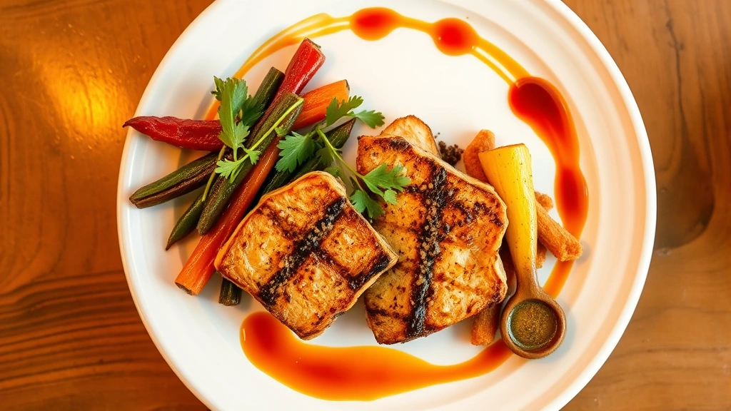 Overhead shot of an elegantly plated Southern comfort food dish with perfectly seared proteins, seasonal vegetables in vibrant colors, and artistic sauce drizzle on white ceramic plate, warm golden lighting, restaurant setting