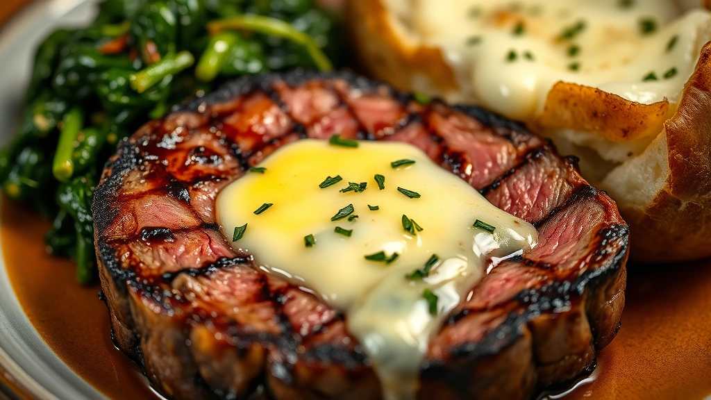 Close-up photograph of perfectly cooked medium-rare steak with caramelized crust, resting with melting butter and fresh herbs, accompanied by creamed spinach and loaded baked potato, professional plating, warm ambient lighting