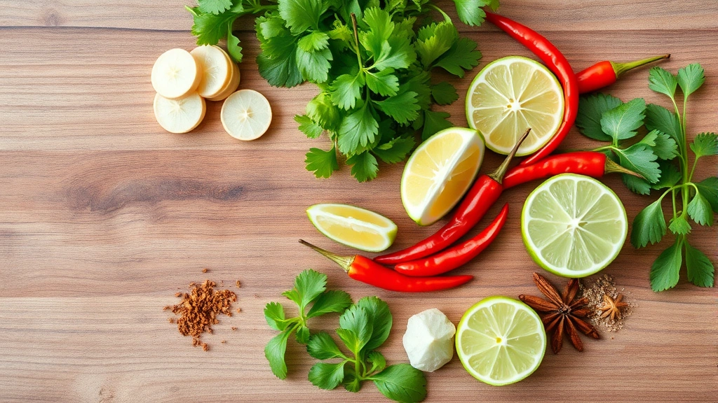 Vibrant flat-lay composition of fresh Asian ingredients including sliced ginger, cilantro, lime wedges, Thai chilies, and aromatic spices arranged artfully on wooden surface, natural daylight, culinary preparation aesthetic