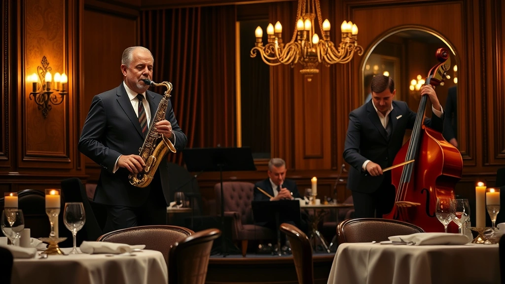Professional jazz quartet performing on intimate stage in upscale restaurant with dim amber lighting, saxophonist in sharp suit, double bass player focused, drummer in background, elegant dining tables with white tablecloths visible in foreground, candlelit ambiance, sophisticated atmosphere, high-end culinary setting