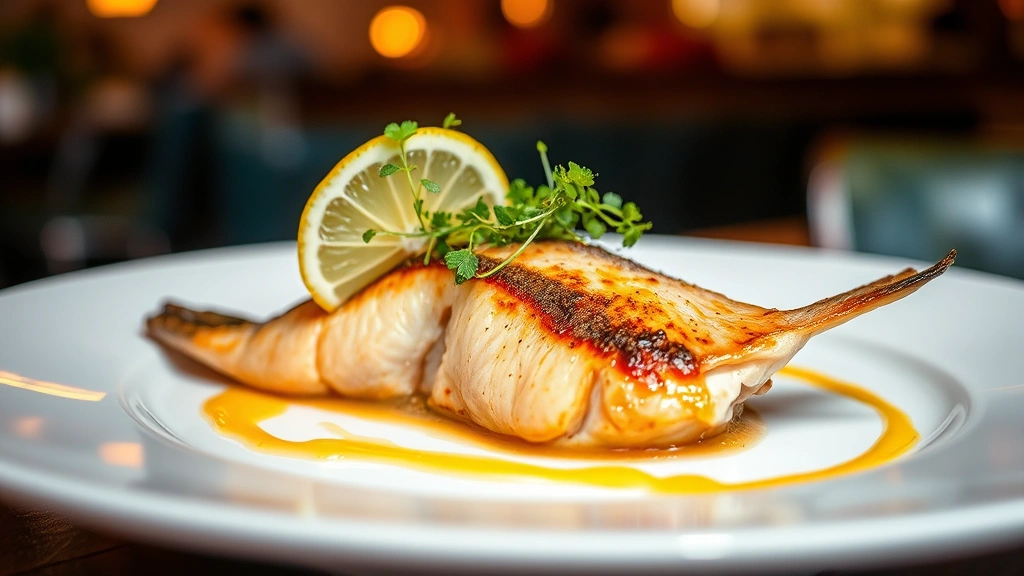 Vibrant plated seafood dish with artistic presentation, fresh lemon garnish, microgreens, delicate sauce drizzle, glossy fresh fish, restaurant plate against blurred warm lighting background, gourmet culinary presentation, fine dining aesthetic, appetizing food photography