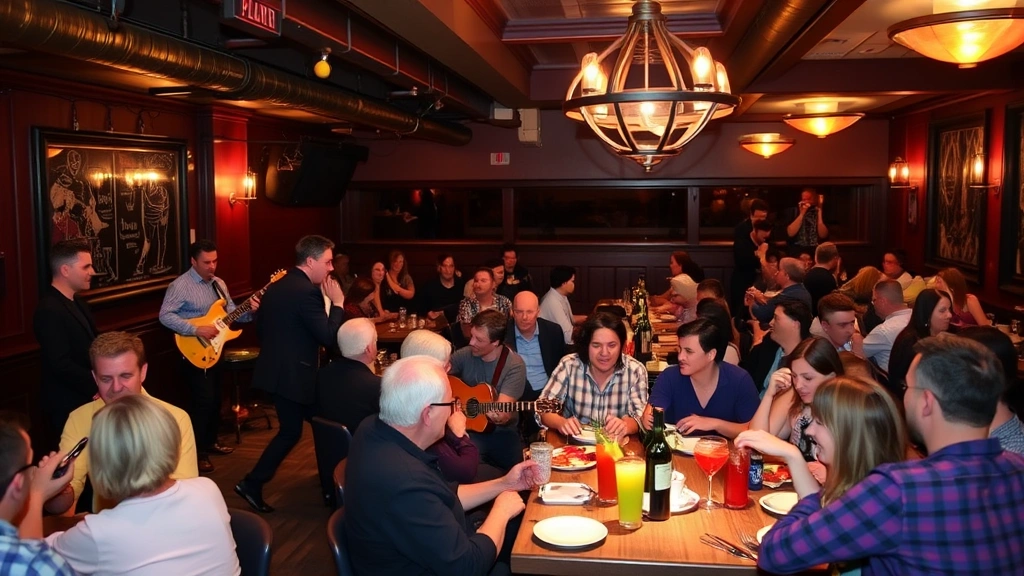 Lively restaurant dining room with energetic live band performing, upbeat contemporary musicians with guitars and drums, crowd of happy diners eating and socializing, warm overhead lighting, colorful cocktails on tables, festive atmosphere, people enjoying meals together, vibrant social dining scene