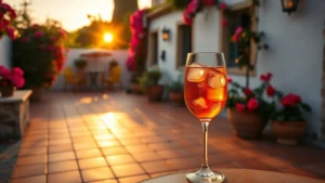 Sunset-lit Mediterranean patio with terracotta tiles, whitewashed stone walls, vibrant bougainvillea flowers, and a perfectly crafted Aperol Spritz cocktail with ice in a wine glass, golden hour lighting reflecting off the drink