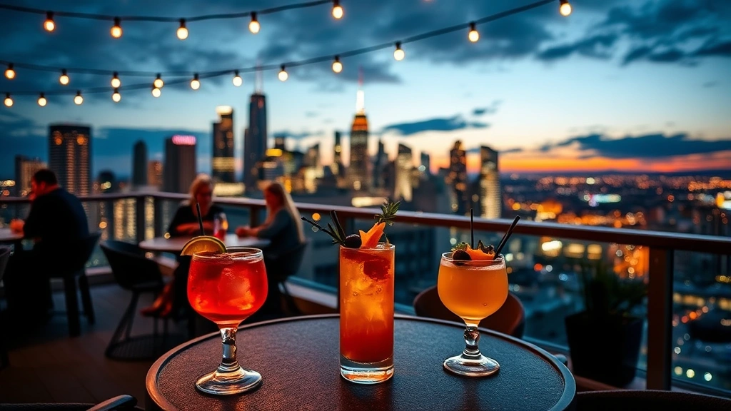 Urban rooftop bar at dusk with glittering city skyline backdrop, craft cocktails with colorful garnishes on a modern table, warm string lights overhead, cityscape lights twinkling in distance