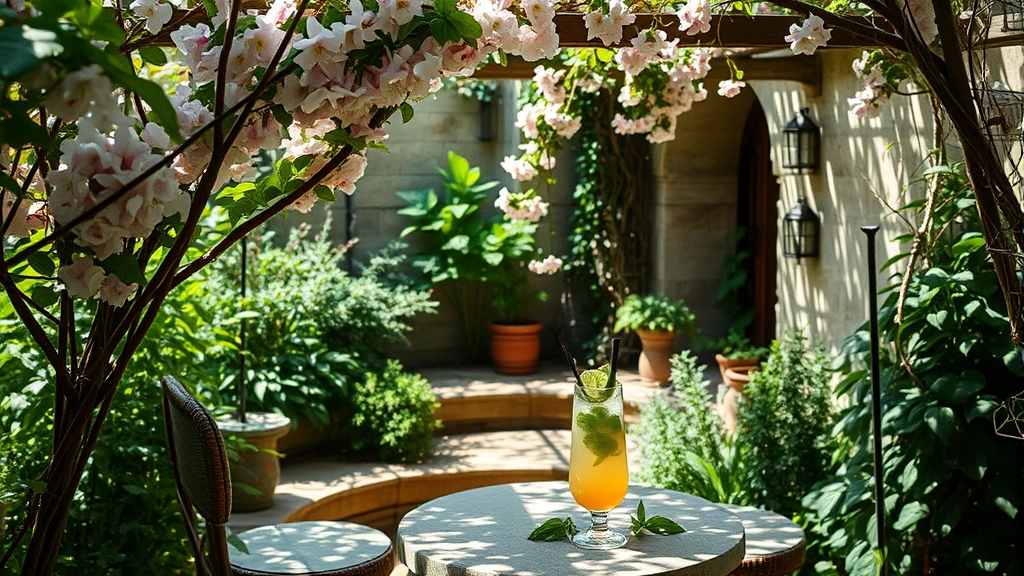 Botanical garden drinking area with flowering jasmine vines overhead, intimate stone seating nook, herbal cocktail with fresh mint and basil garnish on table, lush green foliage surrounding the space, natural dappled sunlight