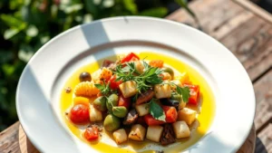 Overhead view of elegantly plated Mediterranean dish with fresh herbs, olive oil, and colorful vegetables arranged artistically on white ceramic plate, natural sunlight casting soft shadows, outdoor garden setting blurred in background, professional food photography style