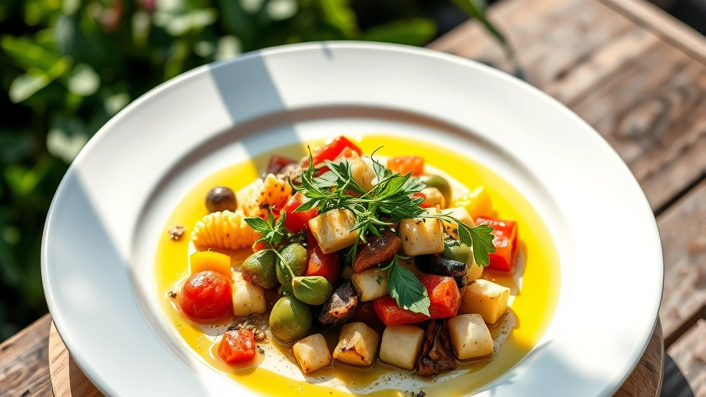 Overhead view of elegantly plated Mediterranean dish with fresh herbs, olive oil, and colorful vegetables arranged artistically on white ceramic plate, natural sunlight casting soft shadows, outdoor garden setting blurred in background, professional food photography style