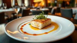 Elegant plated fine dining course with seared fish, microgreens, and artistic sauce on white porcelain plate in upscale restaurant setting with soft warm lighting