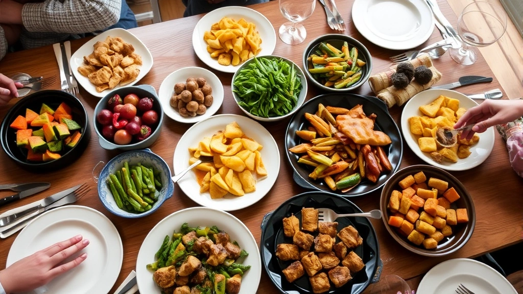 Family-style dinner spread with multiple shared dishes including roasted vegetables, proteins, and appetizers on wooden table with wine glasses and place settings