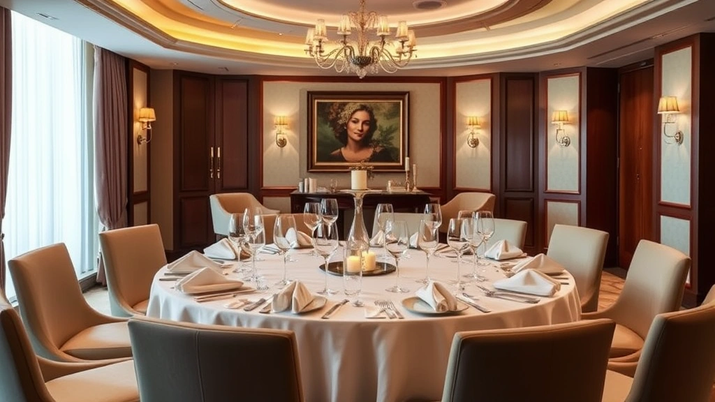 Luxurious private dining room with round table set for celebration, multiple wine glasses, folded napkins, candlelit ambiance, and elegant table décor with soft background lighting