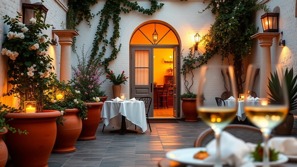 Mediterranean-style patio restaurant with white stone walls, arched doorway, terra cotta planters overflowing with fragrant jasmine and climbing vines, candlelit tables with white linens, soft golden hour lighting casting long shadows across rustic tile flooring, blurred wine glasses and appetizer plates in foreground