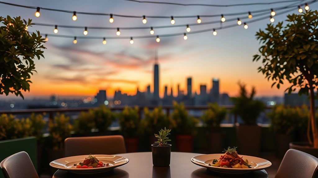 Rooftop garden patio dining at sunset with dramatic city skyline silhouette, string lights creating warm glow overhead, lush potted plants and green walls framing intimate dining space, carefully plated gourmet dishes on white plates, fresh herbs as garnish, ambient evening atmosphere with soft bokeh lights